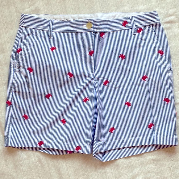 Talbots Girlfriend Chino Short Red Crab Embroidered Stripes Seersucker Fisherman - Picture 1 of 5